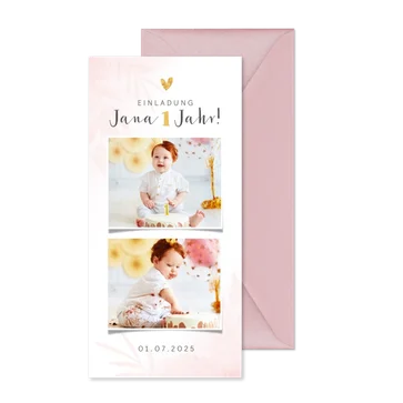 1. Kindergeburtstag Einladung rosa mit 2 Fotos